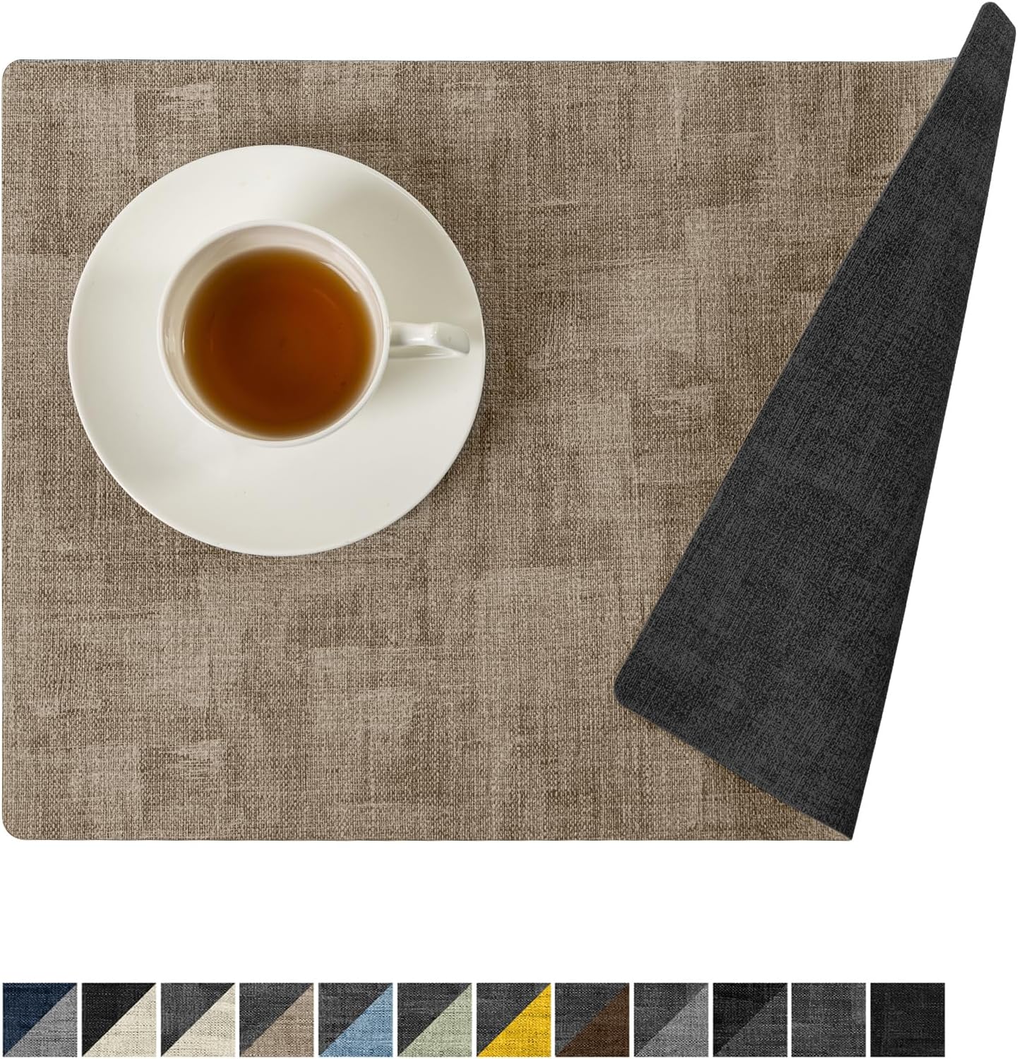 Romanstile Reversible Vinyl Placemats Set of 4, Faux Leather 100% Waterproof Oil-Proof Wipeable Place Mats, Heat Resistant Dual Sided Table Mats for Kitchen/Dining/Party (Grey Khaki, 12 x 17 Inch)