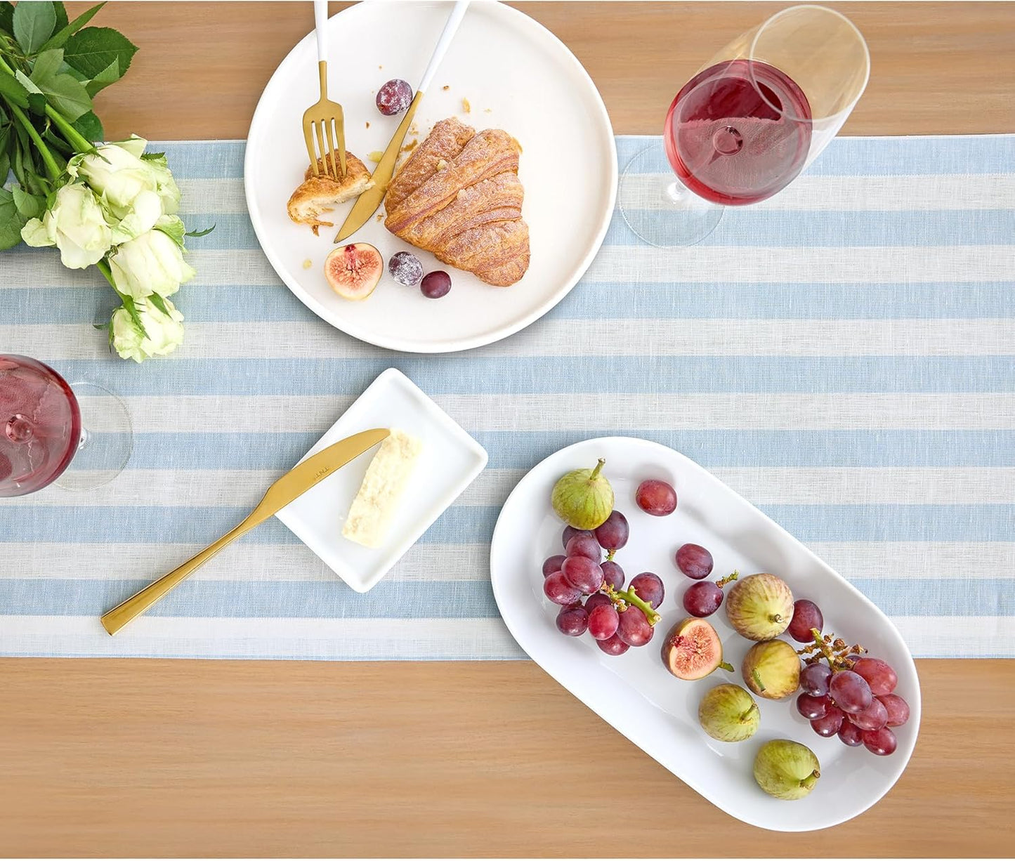 Solino Home Linen Table Runner 36 Inches - Sorrento Stripe 100% Pure Linen Blue and White Farmhouse Table Runner 14 x 36 Inch Ideal for Dresser and Coffee Tables