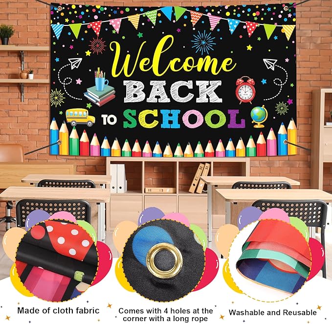 Large Welcome Back To School Banner Decorations 72x44 Inch, First Day of School Backdrop Banner Flag Photography Background for Kids Class Student Congratulations School Decorations Prom Supplies