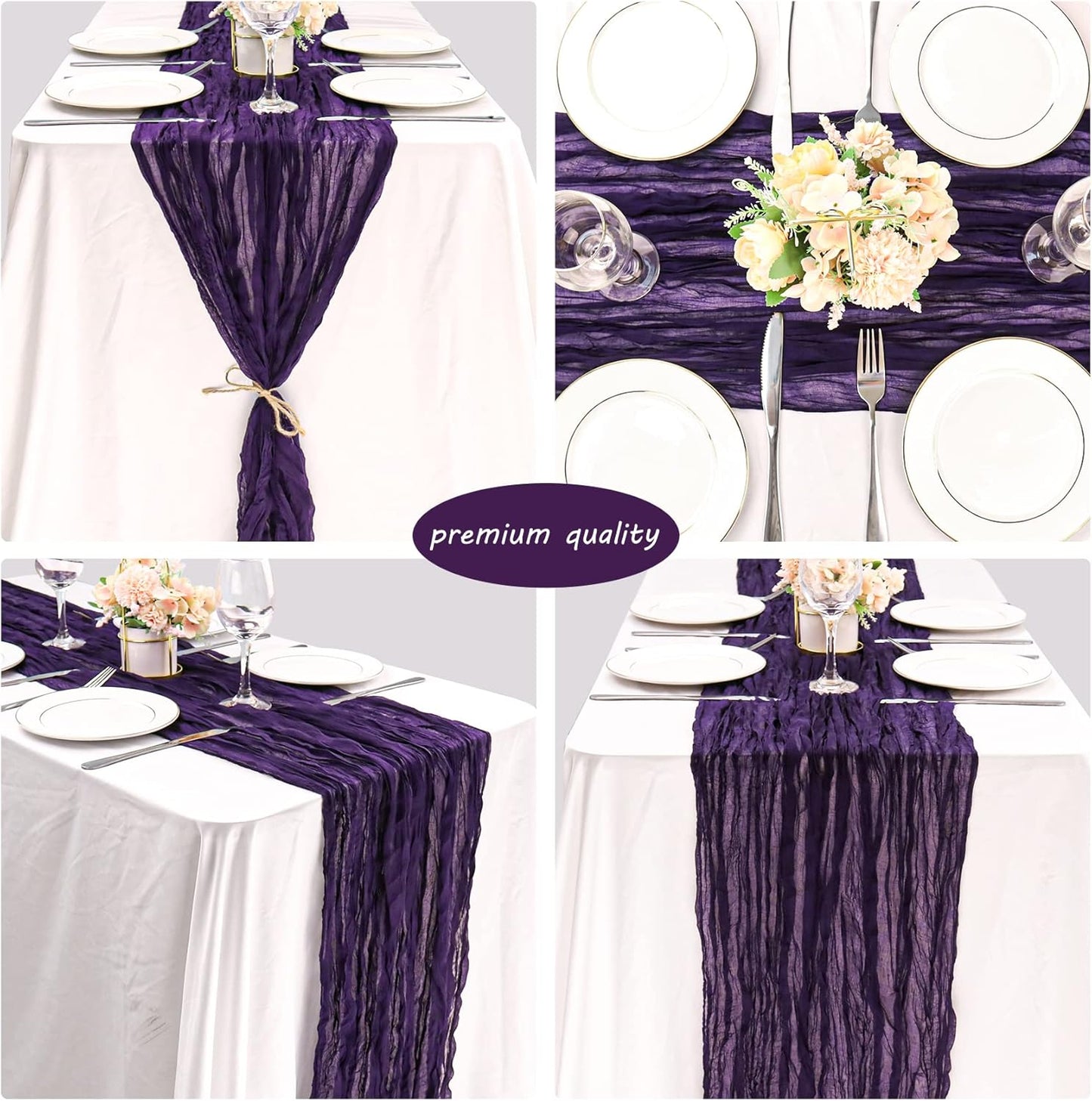 12 Pack 10Ft Cheesecloth Table Runner 35x120 Inch Boho Gauze Table Runner Rustic Cheese Cloth Long Romantic Table Runners for Wedding Bridal Shower Birthday Party Table Decor (Dark Purple)