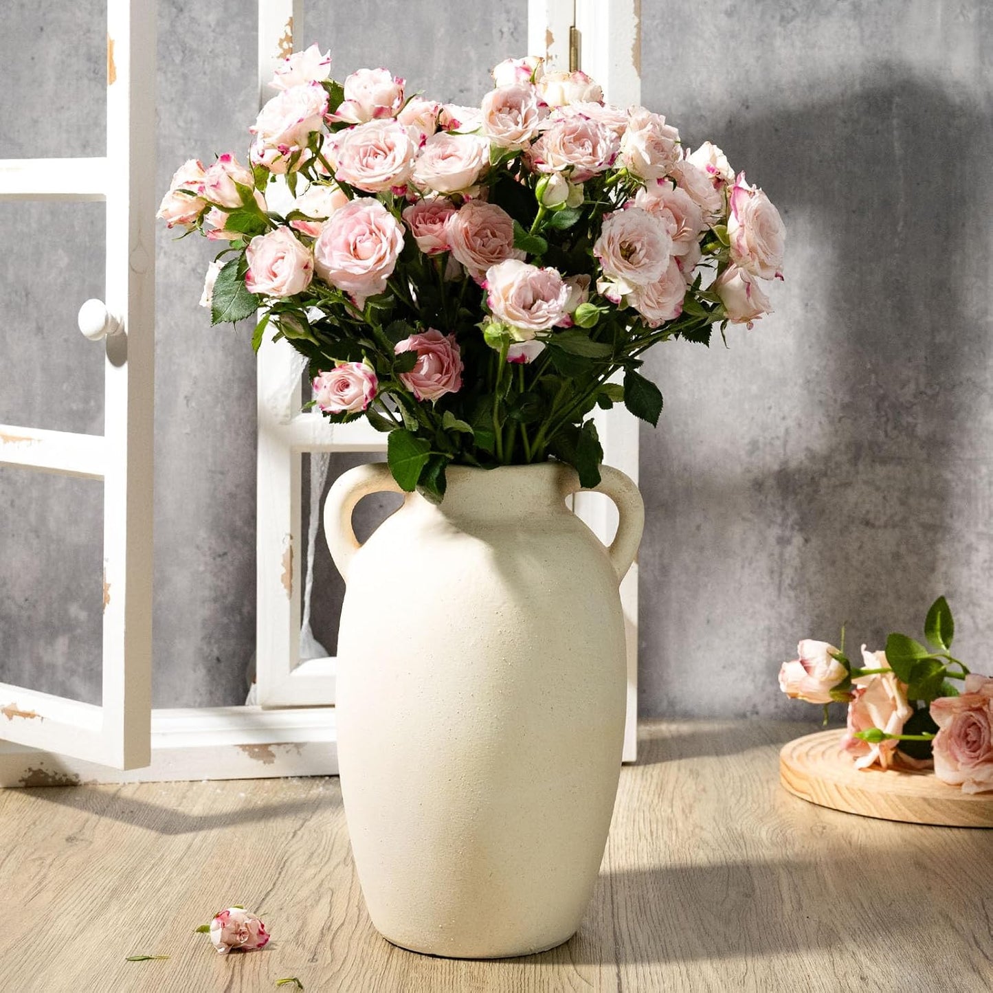 Rustic Ceramic Flower Vase with 2 Handles, Small Decorative Terracotta Boho Vase for Living Room, Table Centerpiece, Shelf Decor, Farmhouse, Entryway - 9.8 Inch Tall, Vintage White