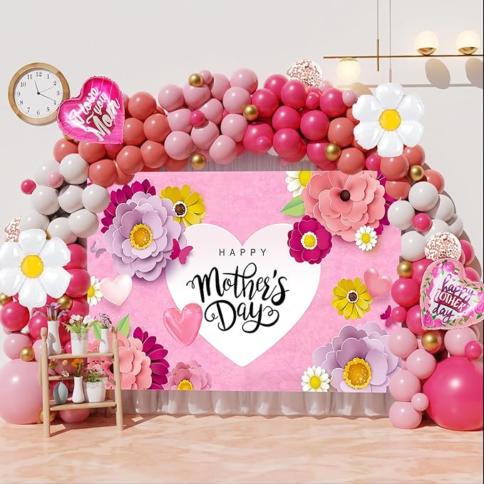 Mothers Day Decorations,146PCS Mother’s Day Balloon Garland Arch Kit Pink Rose Red Balloon with Large Happy Mother’s Day Backdrop, Mother’s Day Decorations for Party