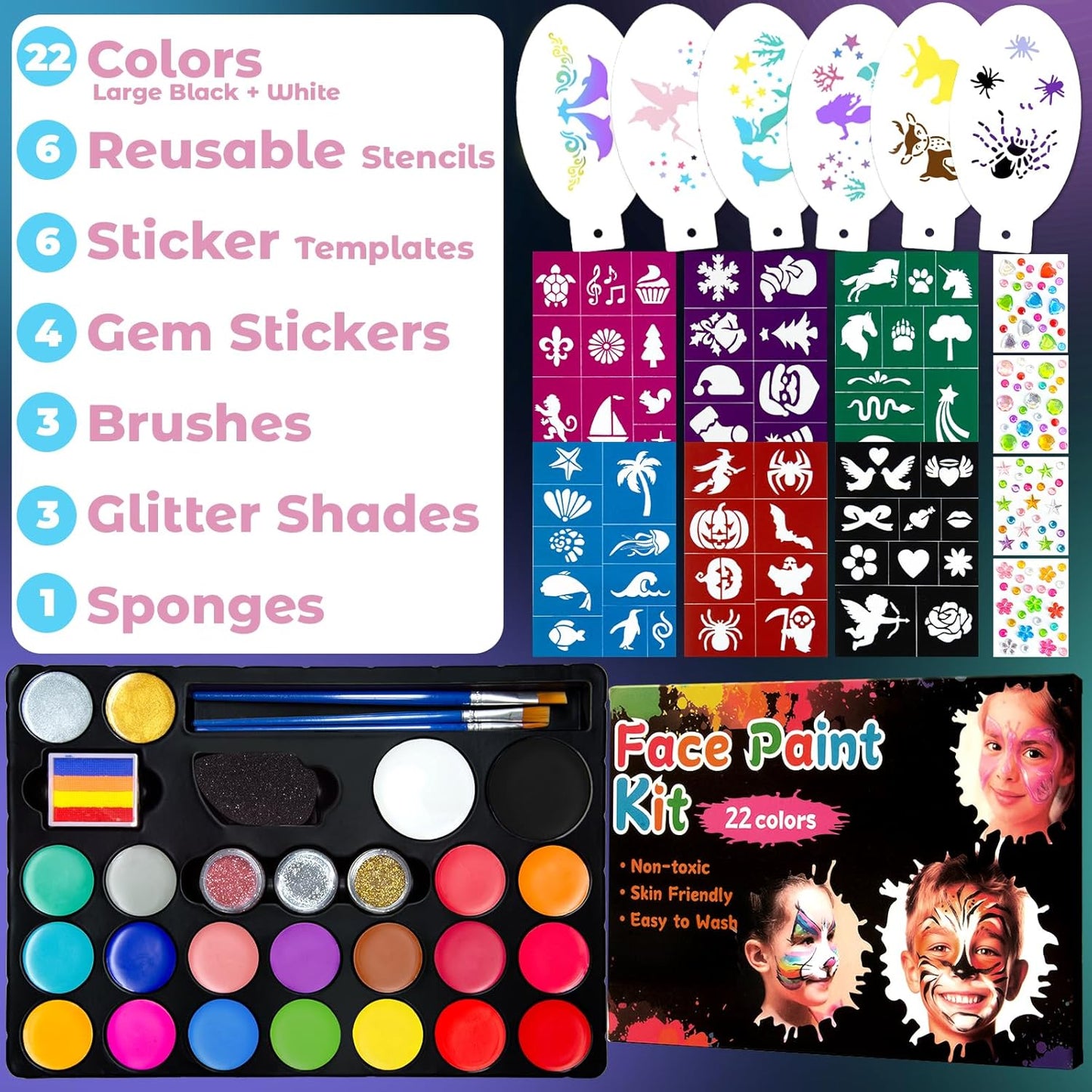 Professional Face Painting Kit for Kids – 22 Colors Non-Toxic Face & Body Paints with Rainbow Palette, Brushes, Stencils, Glitter & Gems for Birthday Parties, Halloween, Festivals, School Events