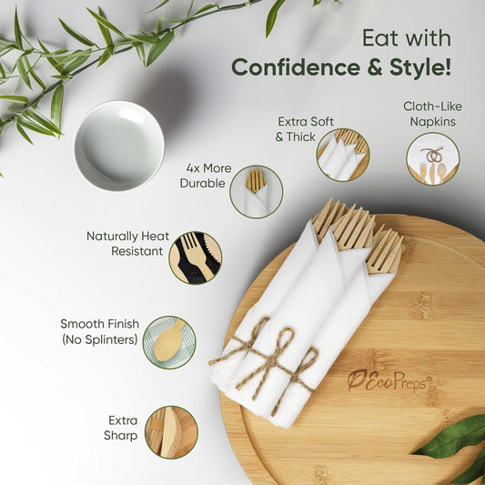 Premium Pre-Rolled Napkin and Bamboo Cutlery Set (50 Pack, 200 PCS) 100% Biodegradable, Eco-Friendly, Disposable Wrapped Cutlery - Includes Pre-Wrapped Bamboo Forks, Knives, Spoons, & Napkins