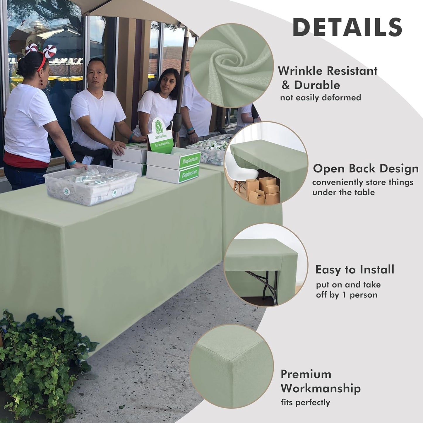 Nasitos 2 Pack Sage Green 8ft Tablecloth Fitted-Open Back Folding Table Cover Washable and Wrinkle Resistant Table Cloth for Trade Show, Book Fair, Career Fair, Convention, Events