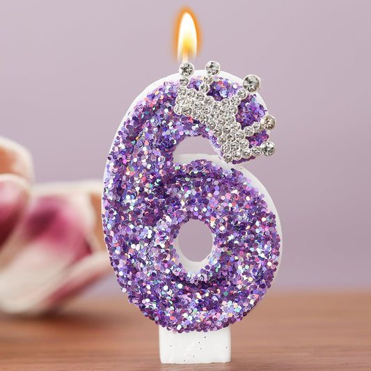 Birthday Number Candles,Purple Crown Birthday Candles for Cake,Glitter Number 6 Candle Cake Topper with Sequins for Anniversary Celebrations Supplies (Number 6)