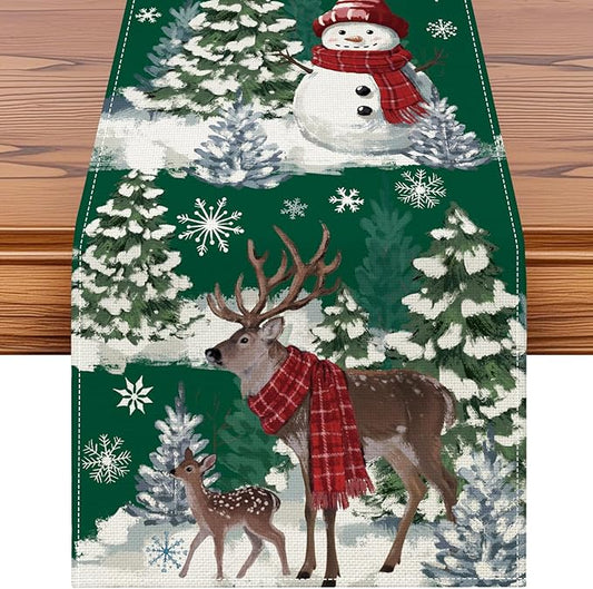 Artscope Reindeer Snowman Christmas Tree Table Runner, Xmas Winter Snowflakes Holiday Kitchen Dining Table Decoration for Christmas Home Party Decor 13x36 Inch-Green