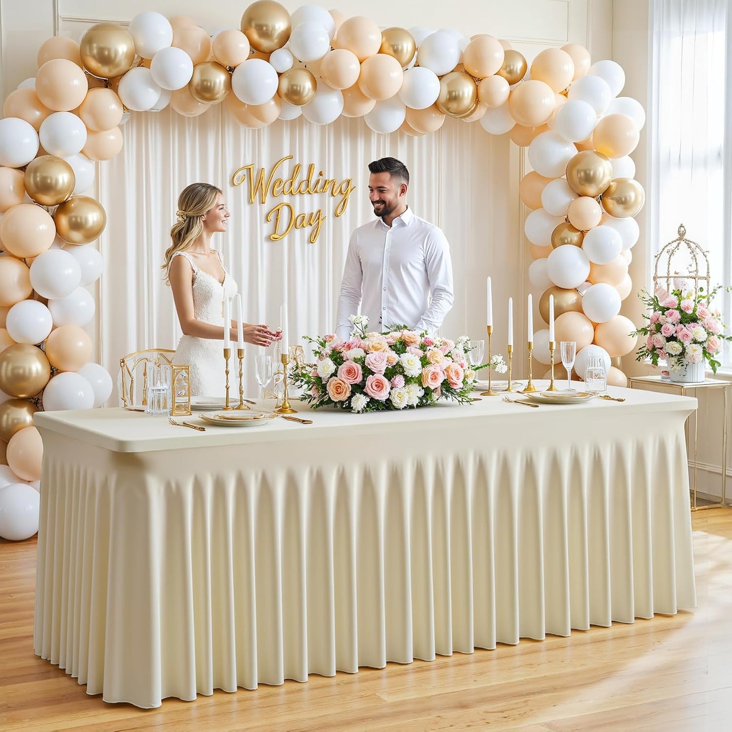 Besutolife 8 Pack Beige Spandex Tablecloth for 6ft Rectangle Tables Fitted Table Cloth Stretch Table Covers Skirt 6ft Rectangular Tablecloths for Banquet Parties Wedding Decorations