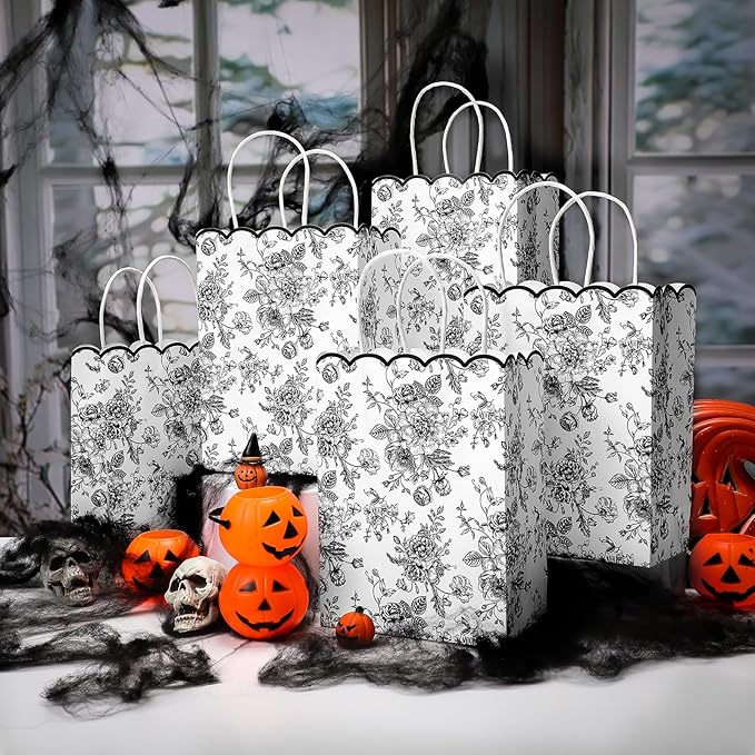 Kolldenn 24 Pcs Black Floral Gift Bags with Handles Wildflower Party Favor Candy Treat Goodie Bags Scalloped for Birthday Decoration for Bridal Baby Shower Party Supplies