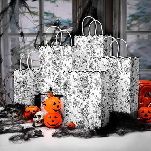 Kolldenn 24 Pcs Black Floral Gift Bags with Handles Wildflower Party Favor Candy Treat Goodie Bags Scalloped for Birthday Decoration for Bridal Baby Shower Party Supplies