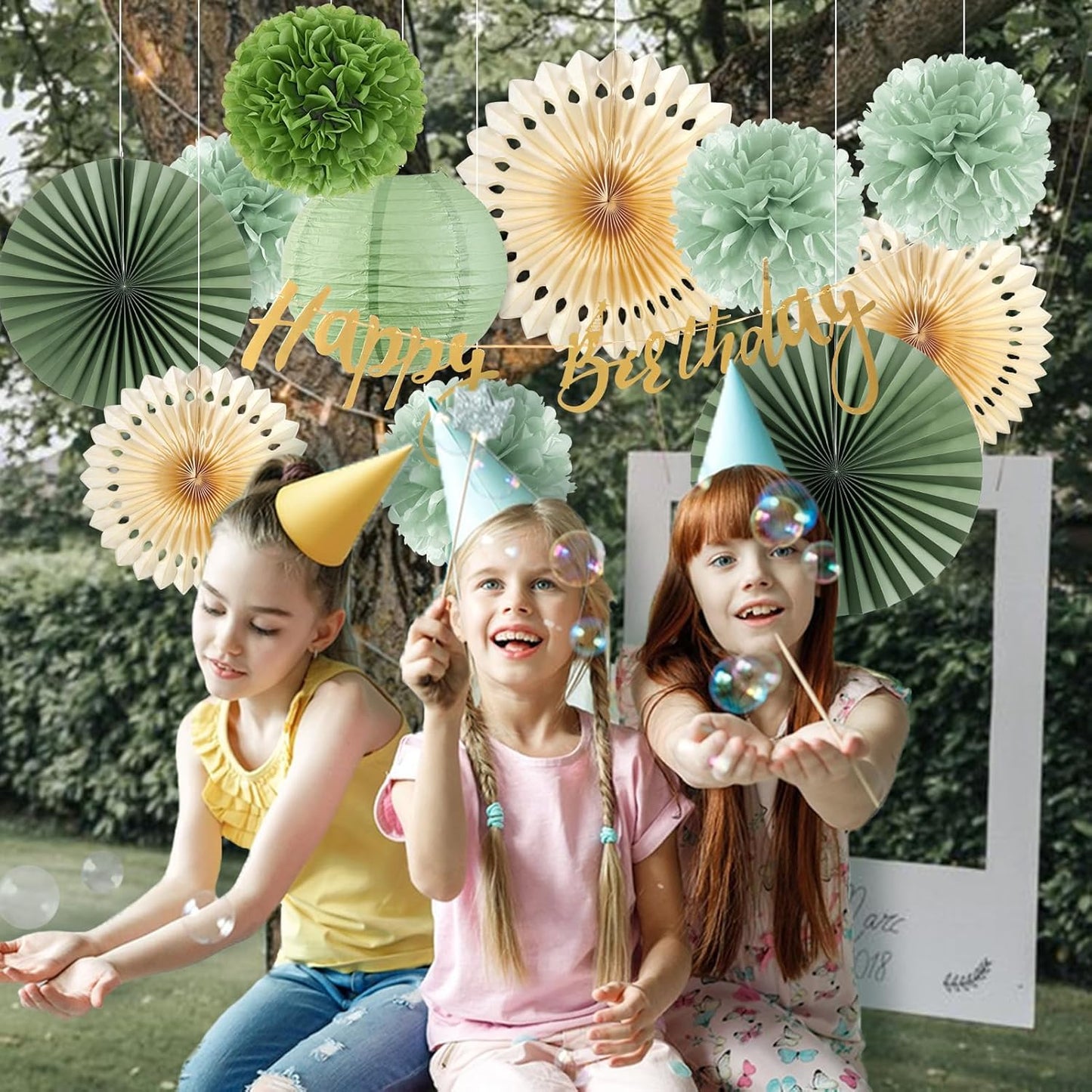 SUNBEAUTY Sage Green and Cream Tissue Pom Poms Paper Lanterns Party Decorations for Girls Women with Happy Birthday Banner Sage Green Paper Fans Tissue Pom Poms Lantern Birthday Decorations Kit