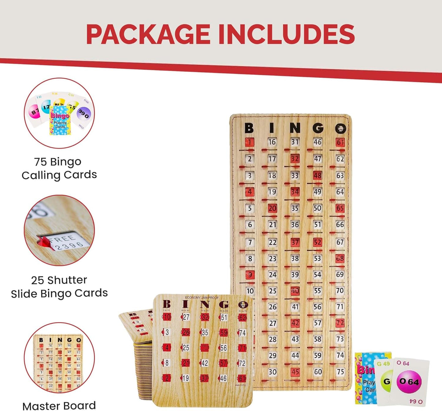 MR CHIPS Jam-Proof Bingo Cards with Sliding Windows, 25 Reusable Shutter Cards, 75 Calling Cards 1 Master Board in Tan Woodgrain Style