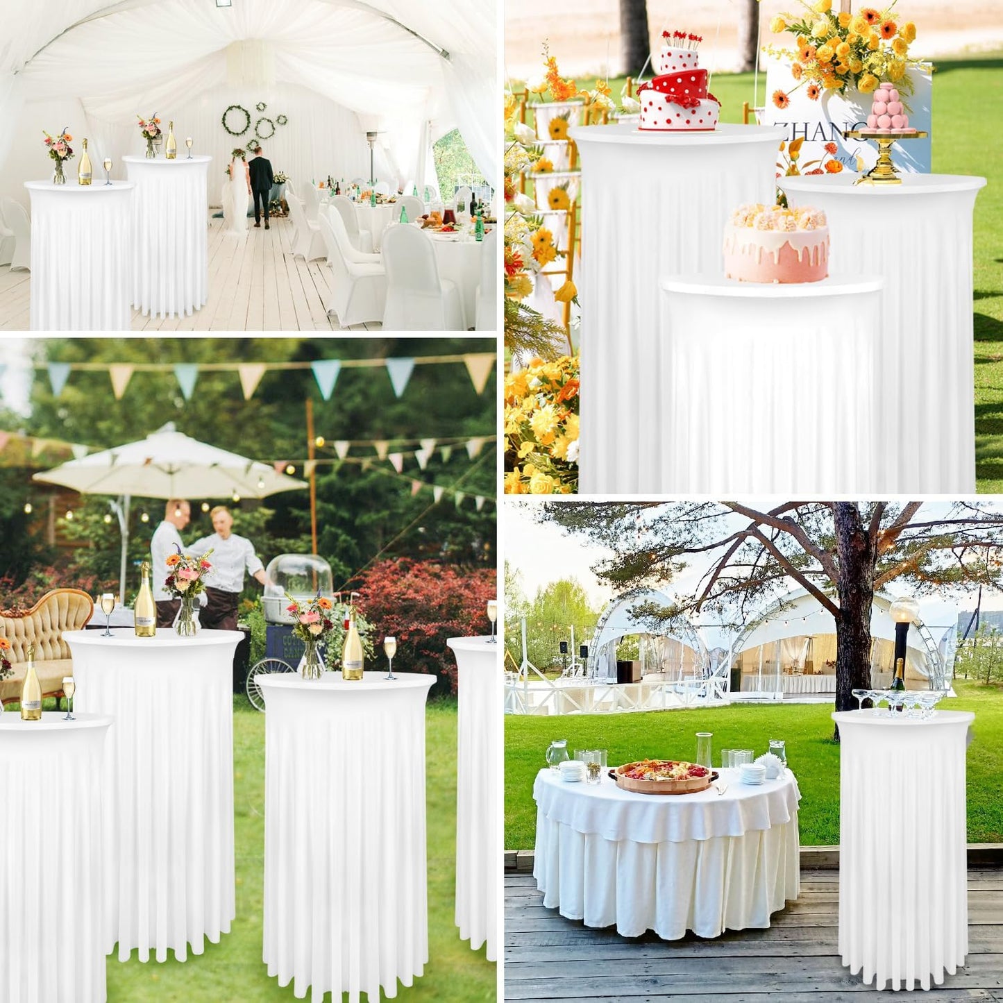 24"x 43" Round Cocktail Table Covers, Spandex Stretch High Top Table Cloths White Cocktail Tablecloth, TableSkirt with Natural Wavy Bar TableCover, Fitted Tablecloth for Party Wedding Banquet (2Pack)