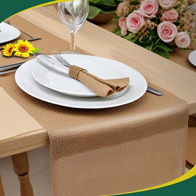 Burlap Table Runners 12 Inches x 30 FT - No-Fray Finished Edge Premium Natural Table Runner Burlap Roll – No Odor, Eco-Friendly Tablecloth Roll for Rustic Table Decor and Other DIY Crafts