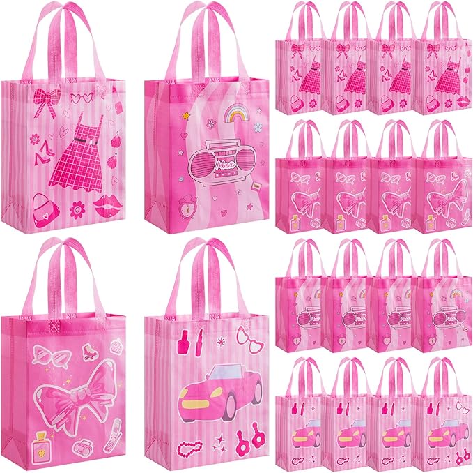 Wesnoy 24 Pcs Pink Party Favor Bags with Handle Hot Pink Reusable Non Woven Goodie Bags Bulk Princess Party Favors for Bachelorette Birthday Decoration