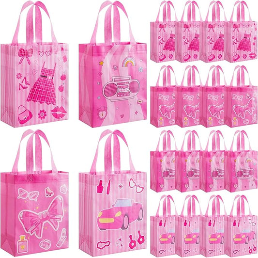 Wesnoy 24 Pcs Pink Party Favor Bags with Handle Hot Pink Reusable Non Woven Goodie Bags Bulk Princess Party Favors for Bachelorette Birthday Decoration