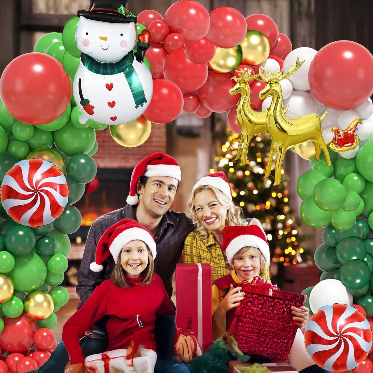 183Pcs Christmas Balloon Garland Arch Kit with Red Gold Green White and Xmas Gingerbread Candy Cane Lollipop Sled Reindeer Foil Balloons for Christmas Party New Year Decorations Supply