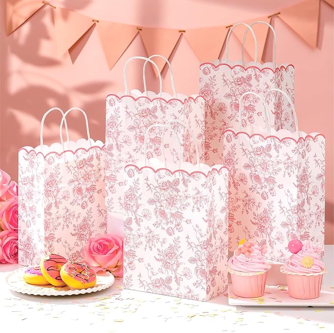 Kolldenn 24 Pcs Pink Floral Gift Bags with Handles Wildflower Party Favor Candy Treat Goodie Bags Scalloped for Birthday Decoration for Bridal Baby Shower Party Supplies