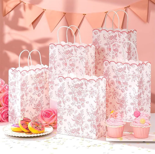 Kolldenn 24 Pcs Pink Floral Gift Bags with Handles Wildflower Party Favor Candy Treat Goodie Bags Scalloped for Birthday Decoration for Bridal Baby Shower Party Supplies