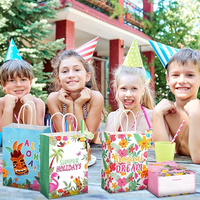 Outus 24 Pcs Summer Hawaiian Party Favor Bags Tropical Goodie Gift Paper Bags with Handles Aloha Tiki Luau Palm Leaves Flamingo Treat Candy Pouch for Summer Party Birthday Decor Baby Shower Supplies