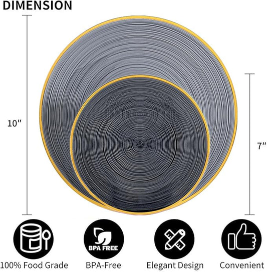 N9R 60PCS Black Plastic Plates with Gold Rim, Elegant Disposable Plates, Circular Ribbed Design, 30 Dinner & 30 Dessert Plate for Parties, Weddings, Halloween, Banquets and Events (Translucent Black)