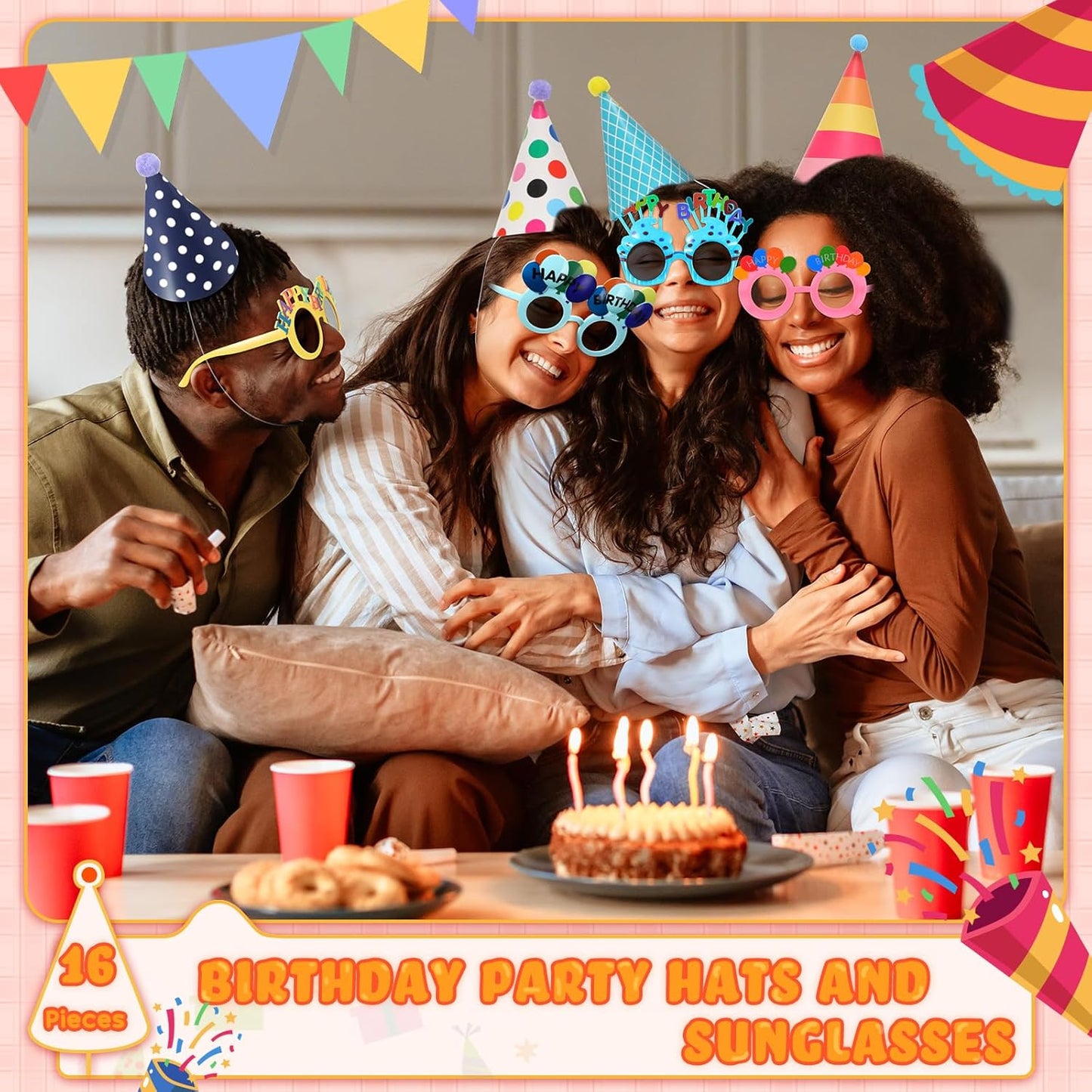 24 Pcs Birthday Party Hats Party Cone Hat with Pom Poms Birthday Glasses Photo Booth Props for Kids Adults (Dot Style)