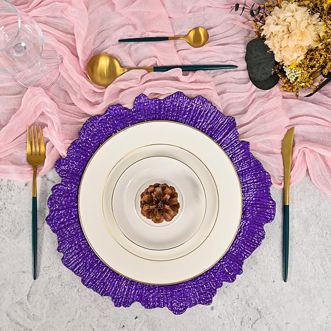 Pesonlook 24Pcs Purple Charger Plates Round 13inch, Reef Plate Chargers for Dinner, Bulk Plastic Floral Table Plates for Dinner Wedding Party Event Table Setting Decoration(Purple)