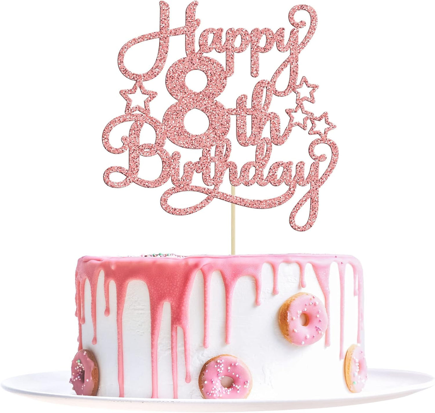 Happy 8th Birthday Cake Topper - Rose Gold Glitter Cheers to 8 Years Old Cake Pick for Celebrating Anniversary Party Decorations Supplies (1 Pack)