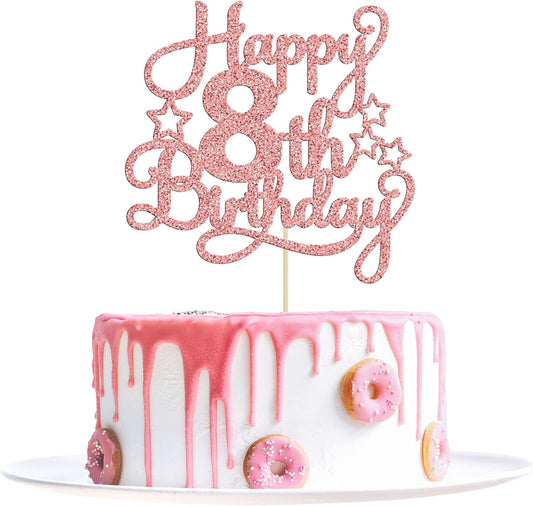 Happy 8th Birthday Cake Topper - Rose Gold Glitter Cheers to 8 Years Old Cake Pick for Celebrating Anniversary Party Decorations Supplies (1 Pack)