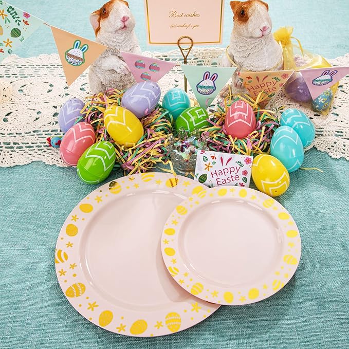 LIYH 60 Pcs Pink Plastic Easter Egg Plates Disposable Dinner & Dessert Plates with Gold Rim for Easter Day Party Decor 30 Guests