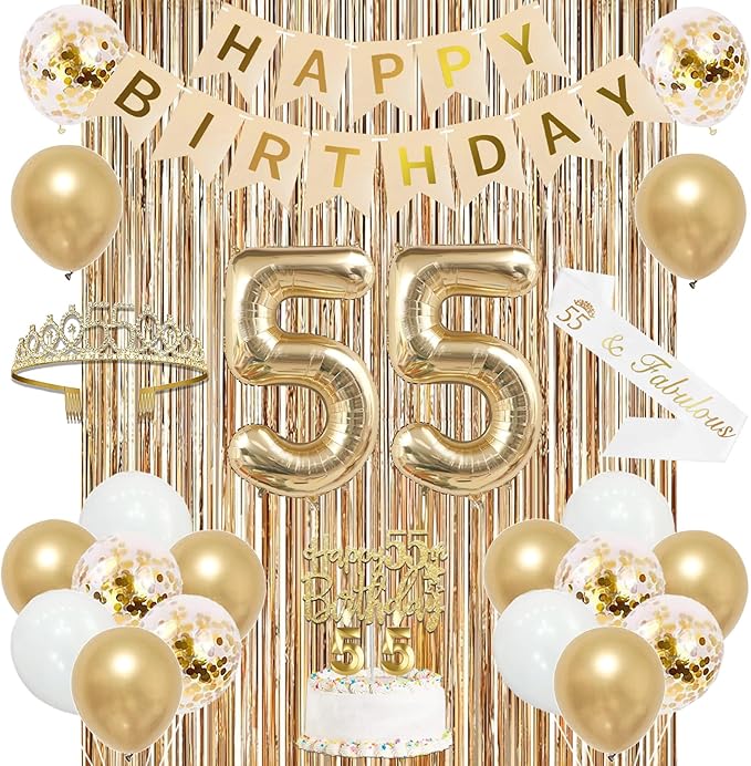 Trgowaul 55th Birthday Decorations for Women, Banner, Sash and Crown, Cake Topper, 55 Number Balloon, Fringe Curtains, Champagne Gold 55th Birthday Party Supplies