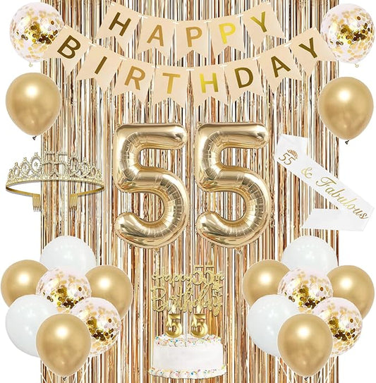 Trgowaul 55th Birthday Decorations for Women, Banner, Sash and Crown, Cake Topper, 55 Number Balloon, Fringe Curtains, Champagne Gold 55th Birthday Party Supplies