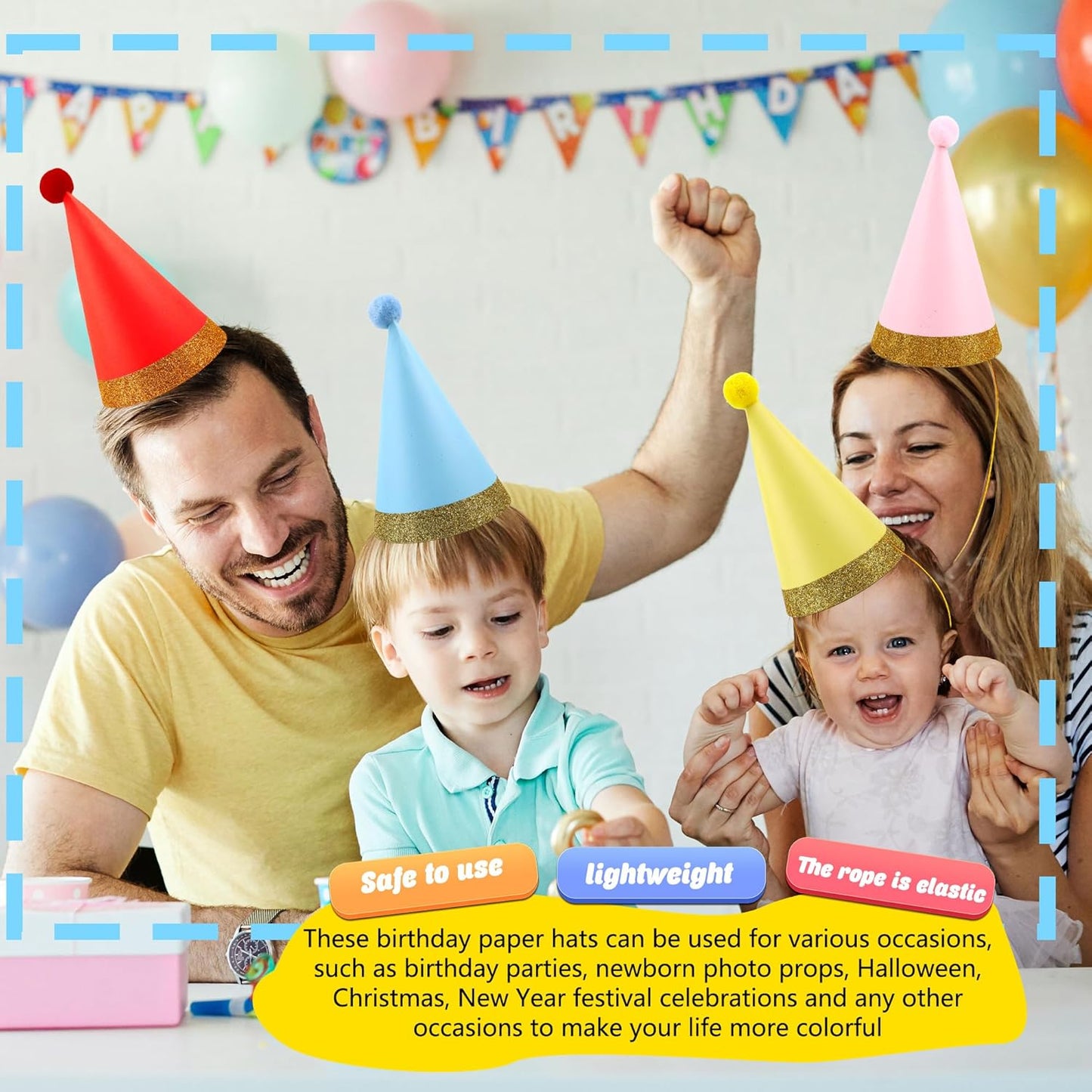 48 Pcs Birthday Party Hats Paper Colorful Cone Party Hats with Pom Poms and Glitter Trim for Kids Adults Birthday Holiday Party Family Gathering Favor Supplies