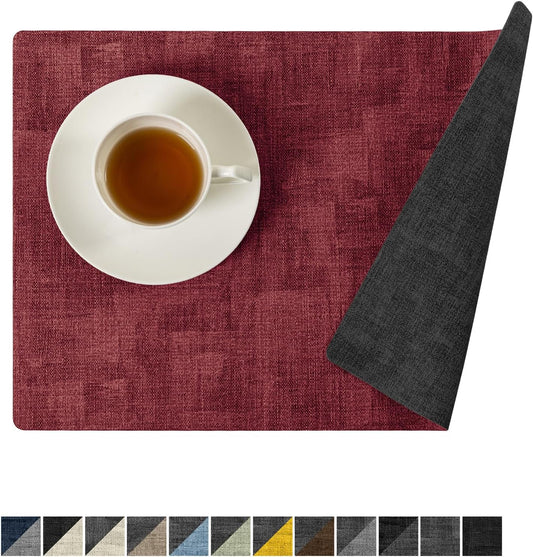 Romanstile Reversible Vinyl Placemats Set of 4, Faux Leather 100% Waterproof Oil-Proof Wipeable Place Mats, Heat Resistant Dual Sided Table Mats for Kitchen/Dining/Party (Grey Red, 12 x 17 Inch)