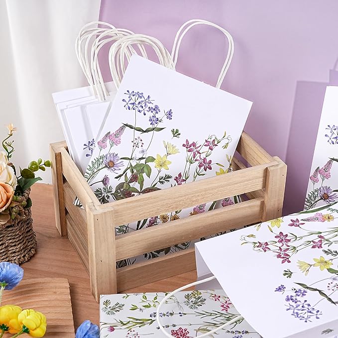 Loveinside Vintage Wildfloral Paper Gift Bag, Spring Flower Deisgn with Handles Grocery Shopping Bags Candy Goodie Bags for Birthday, Wedding, Spring, Mother's Day, 8" x 4" x 10", 12 Pcs