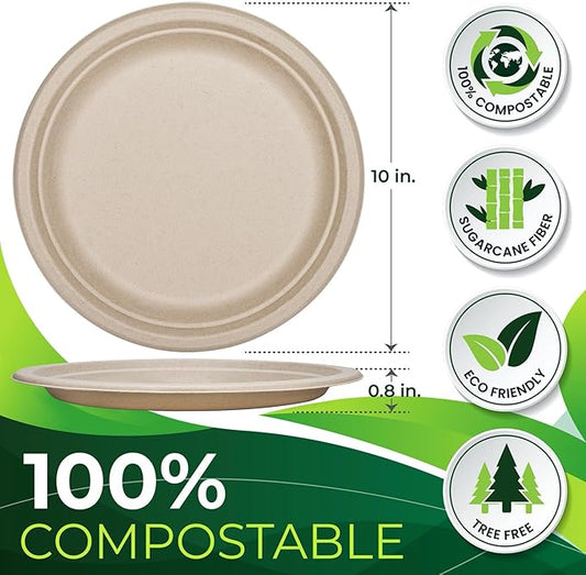 150PCS 100% Compostable Brown Paper Plate(10 in), Heavy Duty Disposable Plates, Eco Friendly Dinner Plates, Biodegradable Plates Made of Sugarcane Fiber