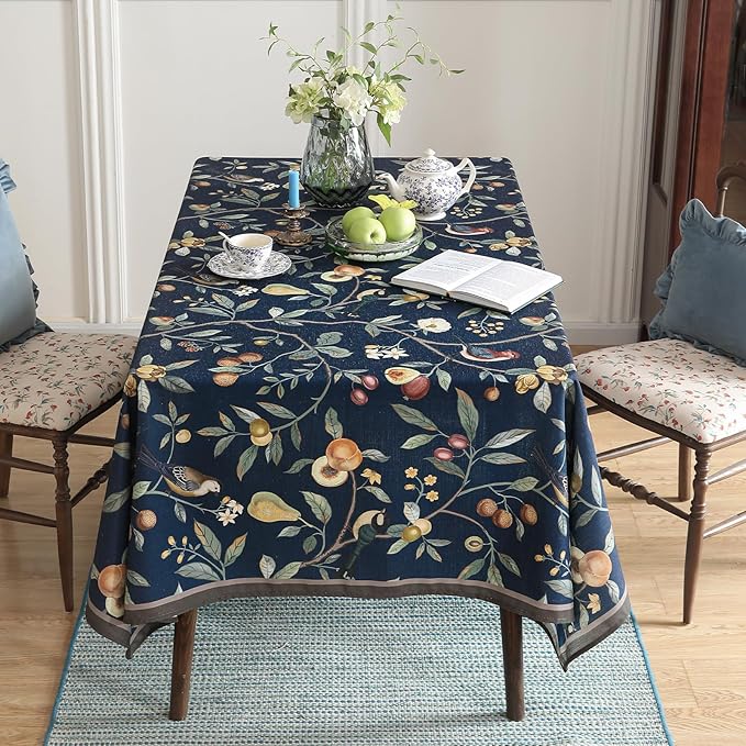 Linen Table Cloth Rectangle,Wrinkle Resistant French Blue Tablecloth Print with Froal,Decor Stitch Table Cloth for Thanksgiving,Dining Room,Home,Kitchen 63" × 87"-DeweyA Blue