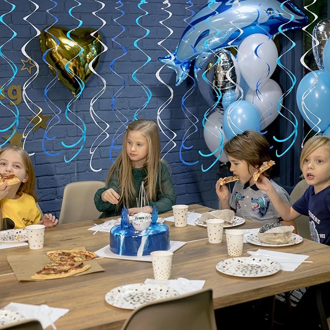 BEISHIDA Blue Blue Silver Hanging Swirls Party Decorations Plastic Streamer for Ceiling, Birthday Hanging Party Supplies, Pack of 30