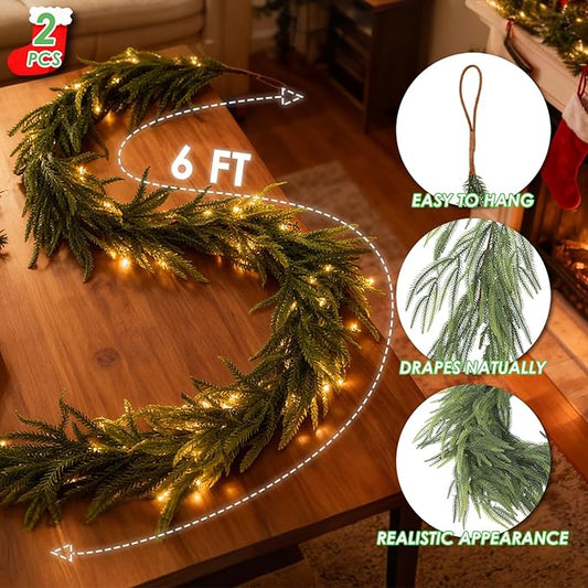 6ft Artificial Norfolk Pine Garland with Lights, 2Pcs Christmas Greenery Garland for Mantel Fireplace Table Wall Stair Window Outdoor Indoor Christmas Decorations (2)