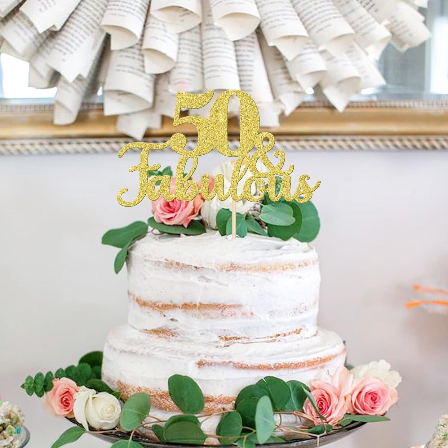 1 PCS Fabulous Cake Topper Gold Glitter 50th Anniversary Cake Pick Decoration for Wedding Anniversary Party Decorations Happy 50th Birthday Cake Decorations Supplies