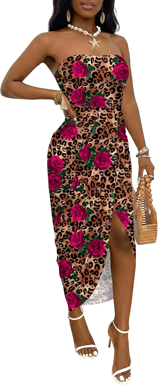 Umenlele Women's Strapless Ruched High Waist Wrap Split Asymmetrical Beach Maxi Long Dress