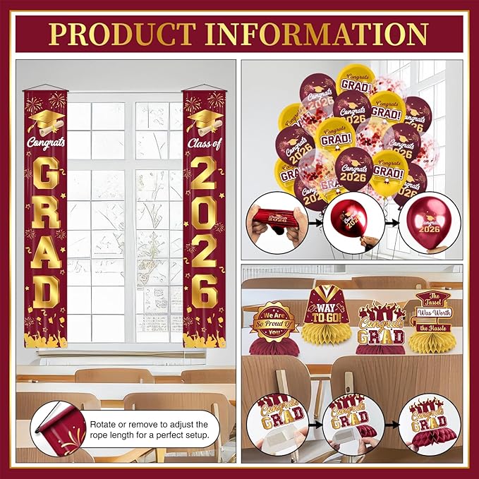 Graduation Decorations Class of 2026 Maroon and Gold Graduation Party Decor Set include Congrats Grad Banner Backdrop Class of 2026 Balloons Party Supplies