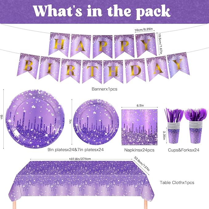 182PCS Purple and Silver Birthday Party Decorations,Purple Theme Party Plates and Napkins Disposable Tableware Set for Girls Ladies Women Wedding Favors,Serves 30 Guests