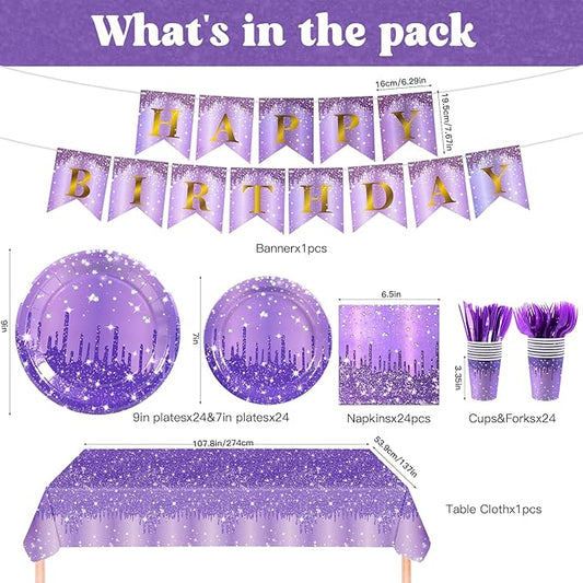 182PCS Purple and Silver Birthday Party Decorations,Purple Theme Party Plates and Napkins Disposable Tableware Set for Girls Ladies Women Wedding Favors,Serves 30 Guests