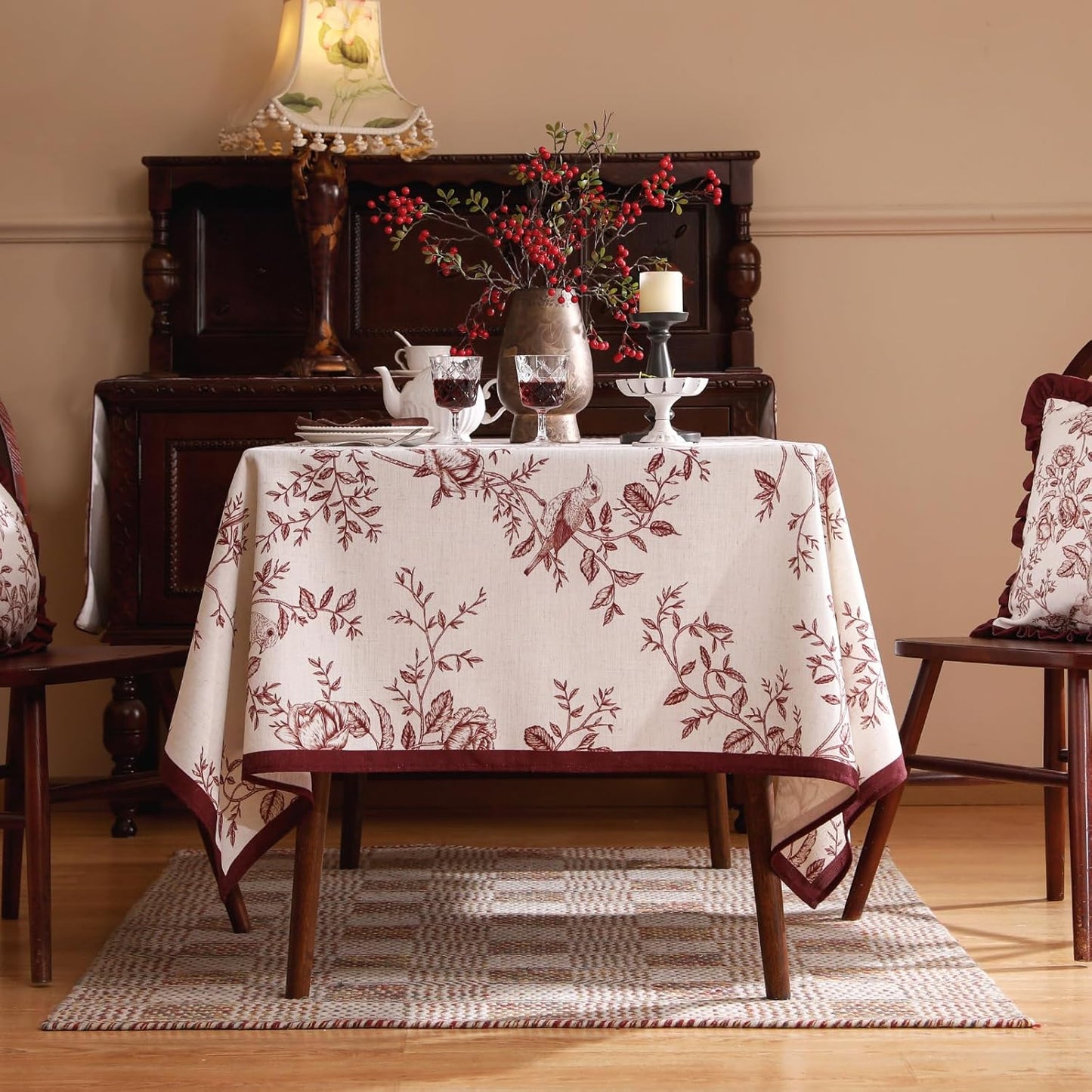 ISAENNE Designer Vintage Linen Long Tablecloth Rectangle,Red Floral Pattern Linen Stain Resistant Table Cloth,Decor Tablecloths for Dining Thanksgiving Kitchen Tea Party,63"*102"-Harmony