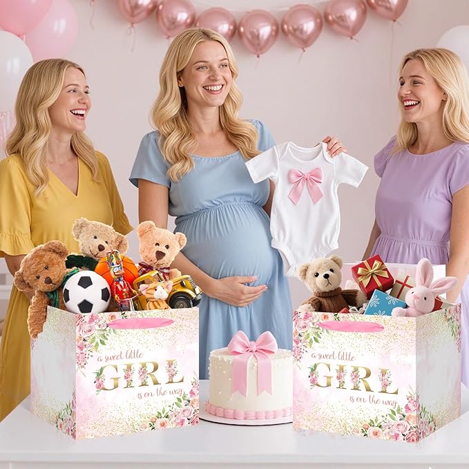 Extra Large Baby Girl Gift Bags - Pink Floral Baby Shower Square Gift Bag A Sweet Little Girl is on the Way Wrapping Paper Bag for Newborn Congratulations Gifts Gender Reveal Party Favors Decor