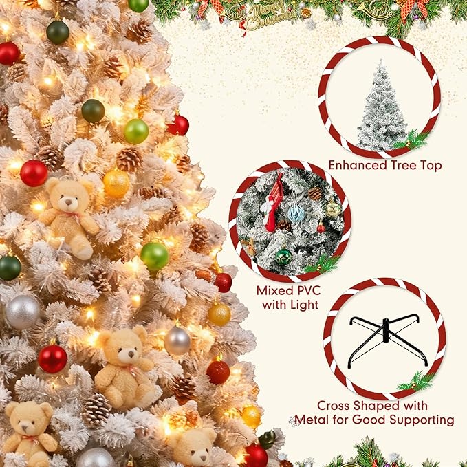 7Ft Warm Christmas Tree,Snow Flocked Artificial Hinged Holiday Christmas Pine Tree,Xmas Tree with 1400 Snow Flocked Branch Tips for Home,Office,Party Decoration