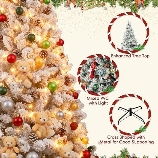 7Ft Warm Christmas Tree,Snow Flocked Artificial Hinged Holiday Christmas Pine Tree,Xmas Tree with 1400 Snow Flocked Branch Tips for Home,Office,Party Decoration