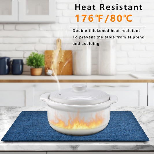 SLKQG Navy Linen-Look Fabric Placemats Set of 6, Heat Resistant & Machine Washable Double-Layered Cloth Placemats for Dining Table, Indoor/Outdoor Use, Non-Slip Kitchen Table Mats (6, Navy)