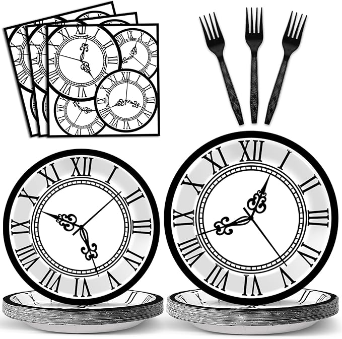 96PCS Wonderland Tea Party Paper Plates and Napkins Wonderland Disposable Dinnerware Clock Theme Tableware for Tea Baby Shower Garden Afternoon Birthday Gatherings Decorations